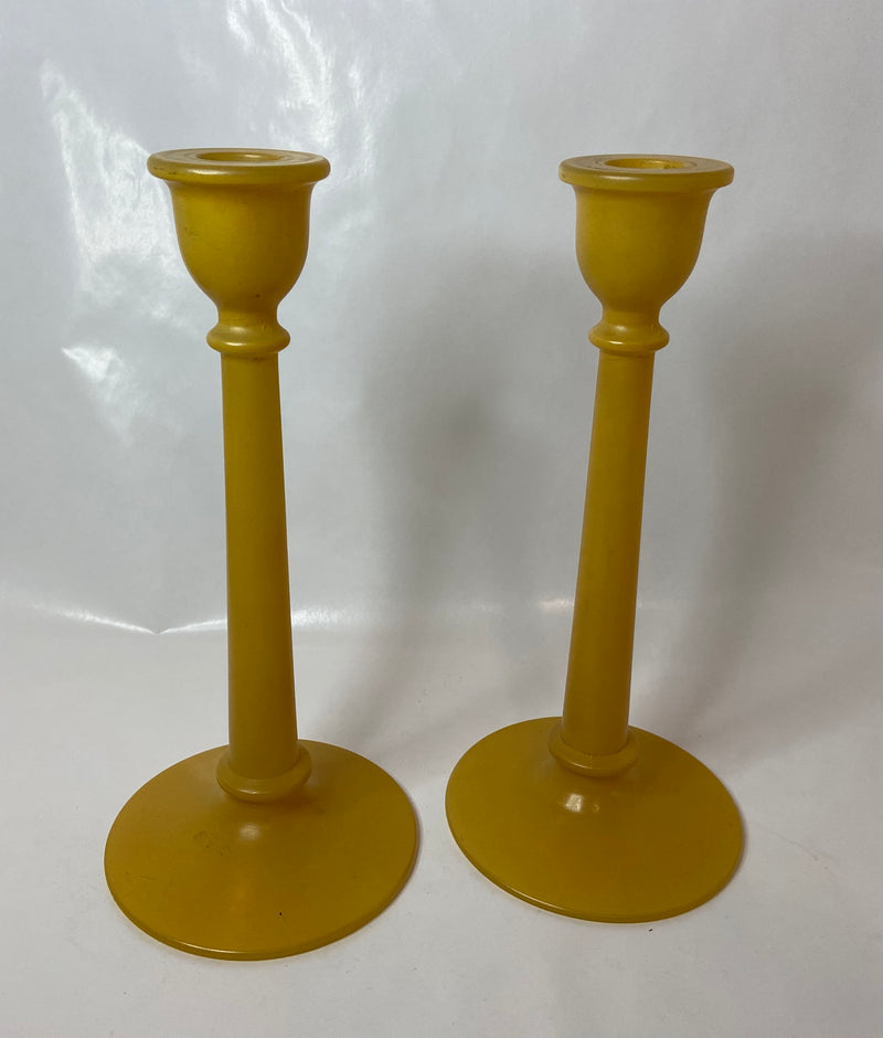 Yellow Glass Candlesticks - Pair